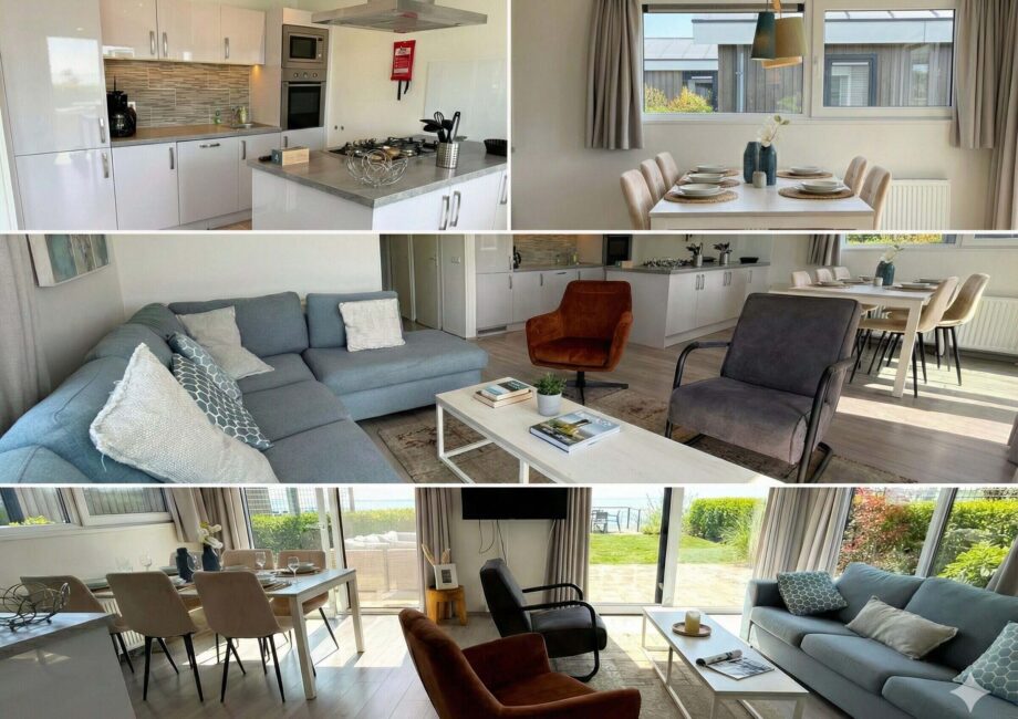 Heller, moderner Wohn- und Essbereich mit offener Küche, Sofa, Sesseln und großen Fenstern mit Blick ins Grüne. - Villa Sea Side