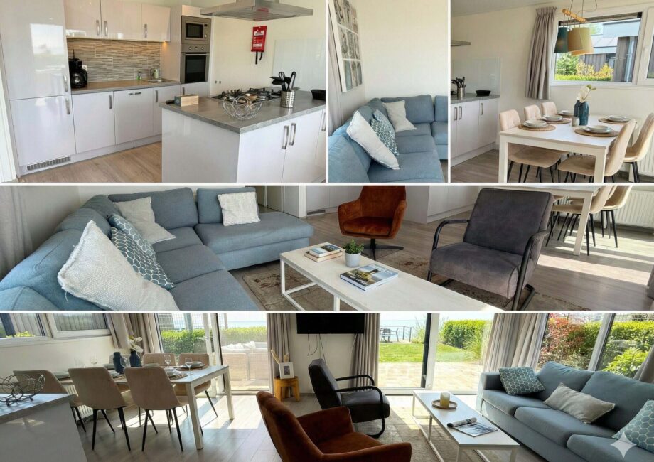 Heller Wohn- und Essbereich mit offener Küche, Sofa und Esstisch in der Villa Sea Side.