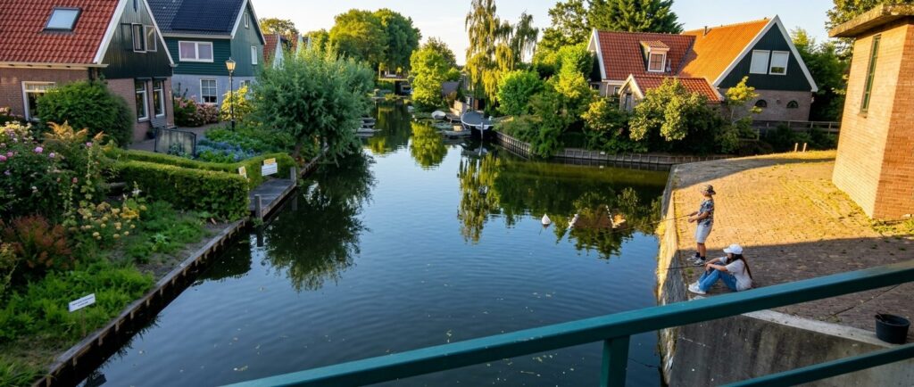 Kinder angeln von einer Brücke am Kanal in einem Dorf bei Bovenkarspel