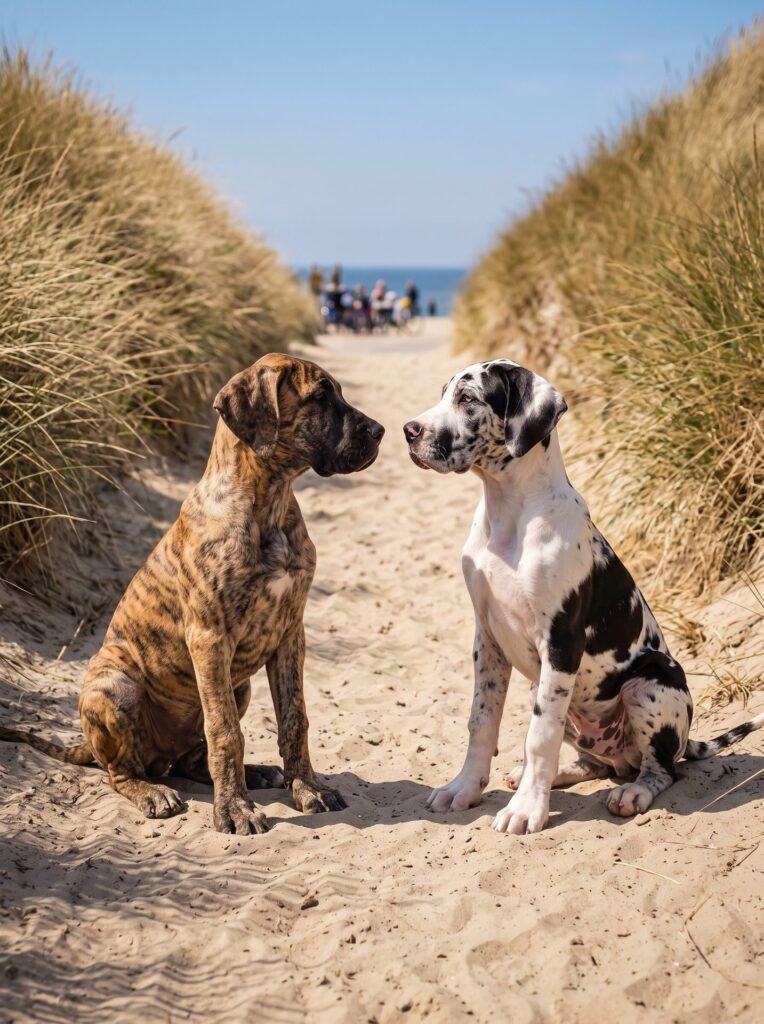 Zwei Hunde auf dem Dünenweg zum Strand bei Hellevoetsluis